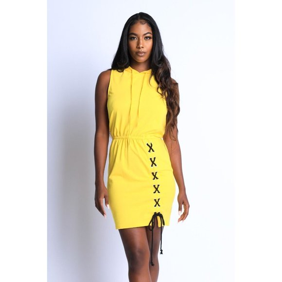 Women's Sleeveless Hoodie Dress Cross Tie Detailed Casual Dress Yellow S M L - Picture 9 of 11